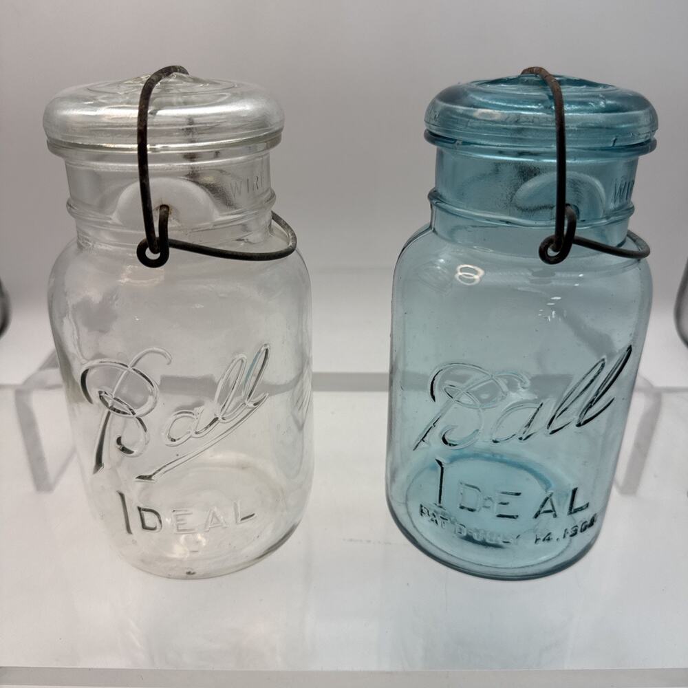 2 Vtg BALL IDEAL JARS WIRE BAIL LIDS -AQUA BLUE Bottle 1908 #6 - CLEAR Bottle